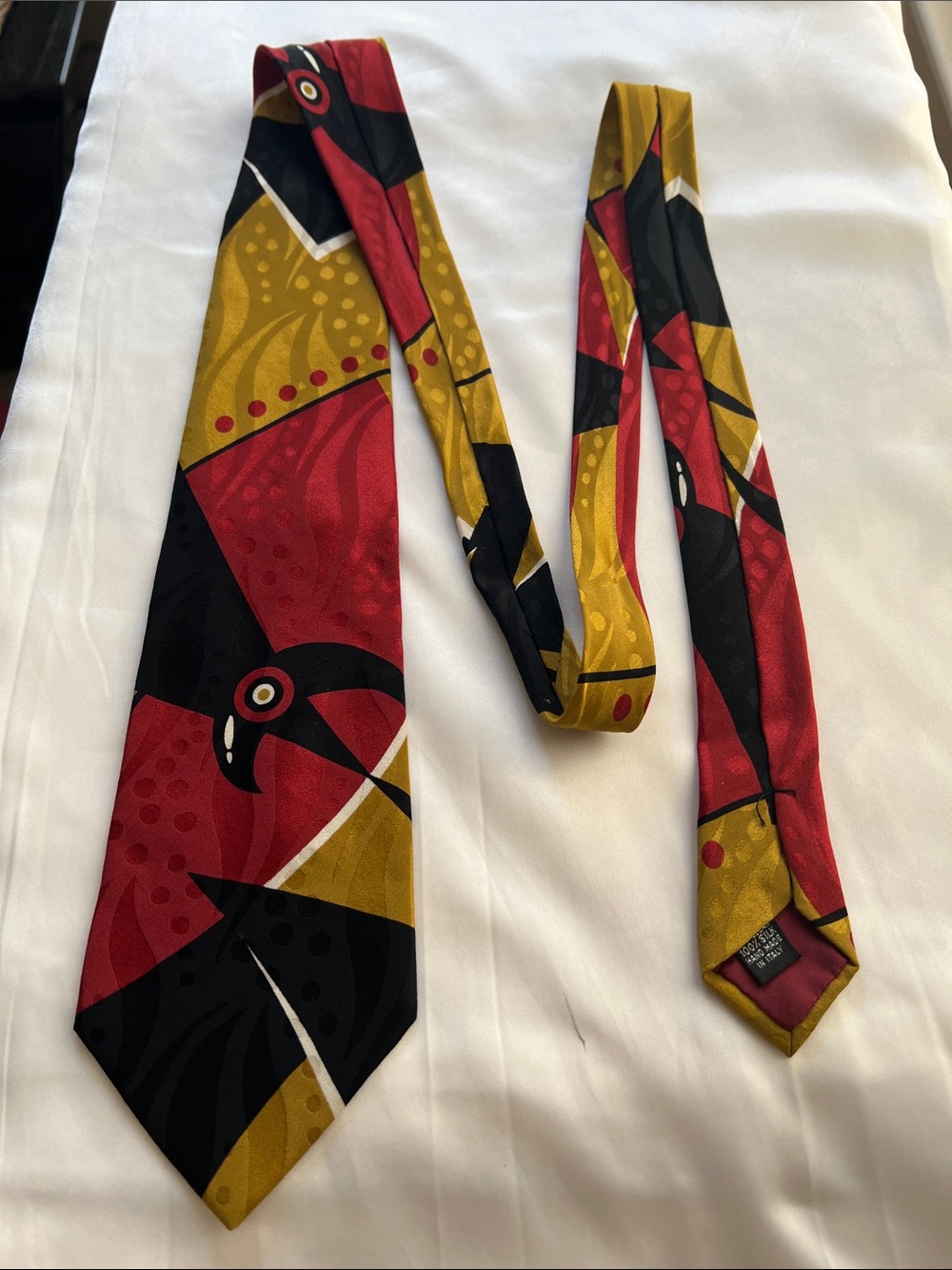 Men's Stylish Bold Geometric Red, Gold & Black 100% Silk Tie Made in Italy